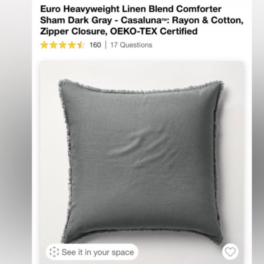 Casaluna Dark Gray Linen blend oversized 26x26 (*see notes) euro Pillow cover
